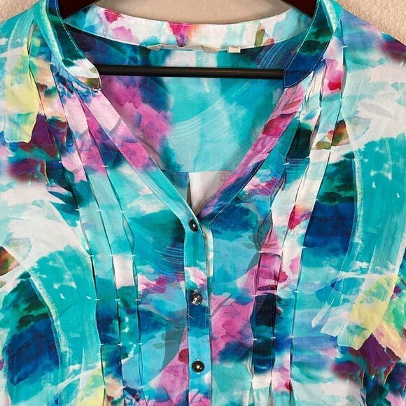 Soft Surroundings Women Top Sz L Blouse Button Up Watercolor Modern Blue Pink R3 - Picture 9 of 12